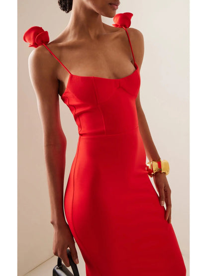 Rose-Detailed Red Midi Dress - Dresses