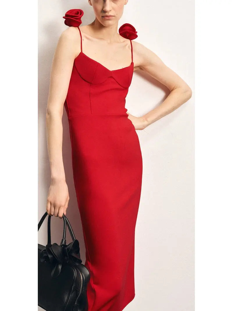 Rose-Detailed Red Midi Dress - Dresses