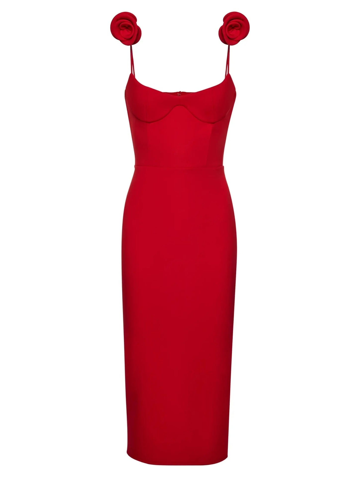 Rose-Detailed Red Midi Dress - Dresses