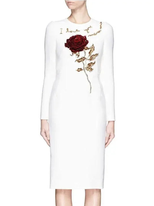 Rose Embellished Dress-White - Dresses