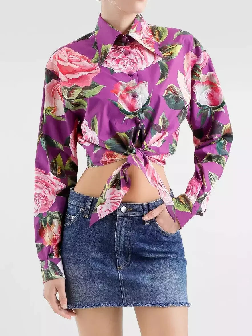 Rose Print Cropped Tie-Waist Shirt - Tops