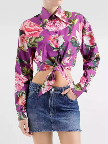Rose Print Cropped Tie-Waist Shirt - Tops