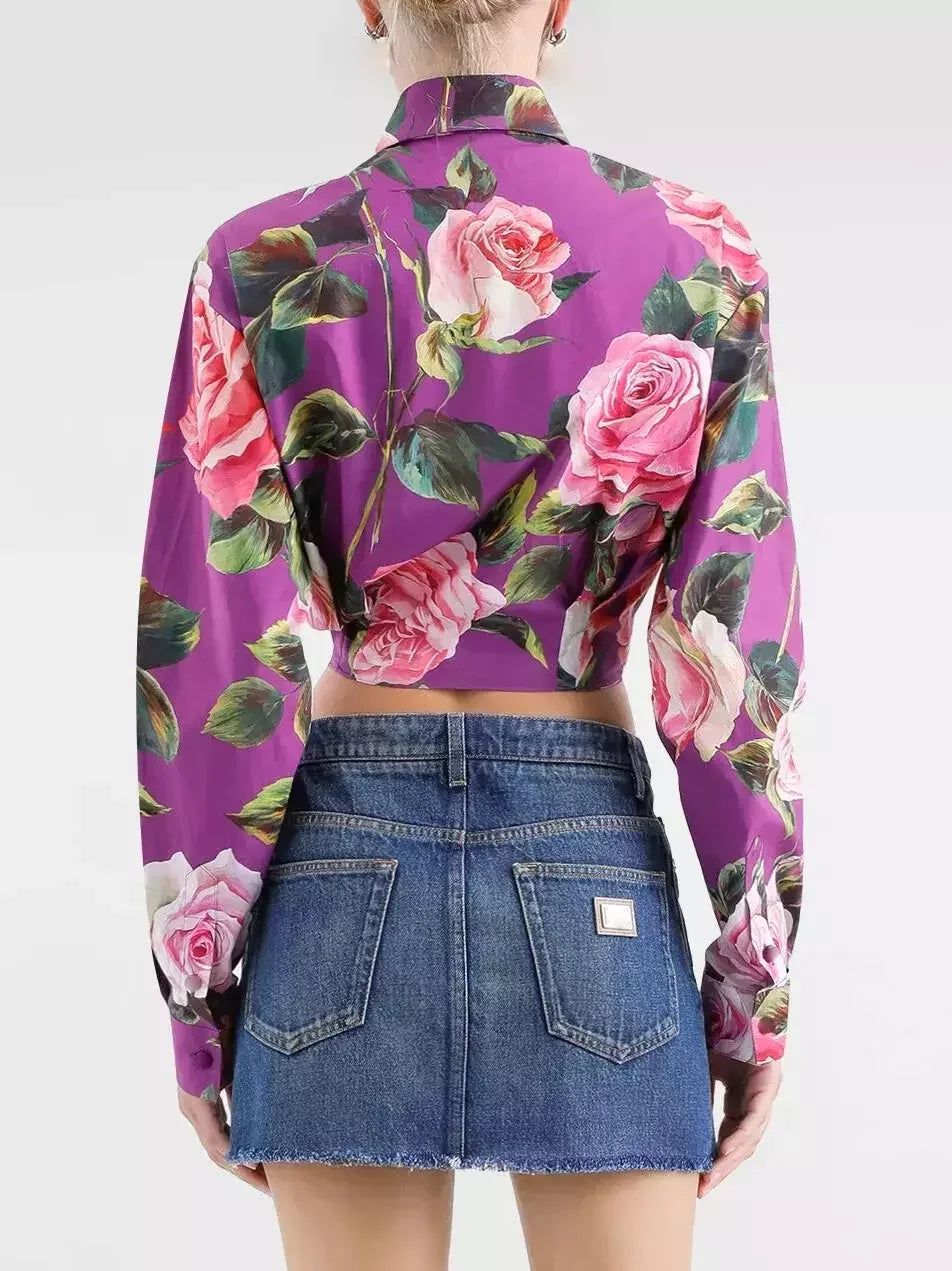 Rose Print Cropped Tie-Waist Shirt - Tops