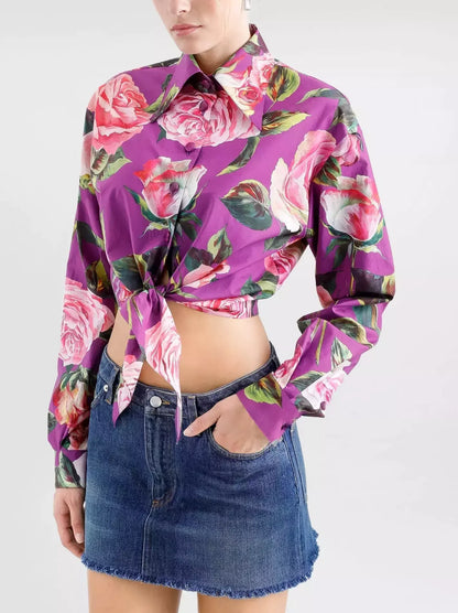 Rose Print Cropped Tie-Waist Shirt - Tops