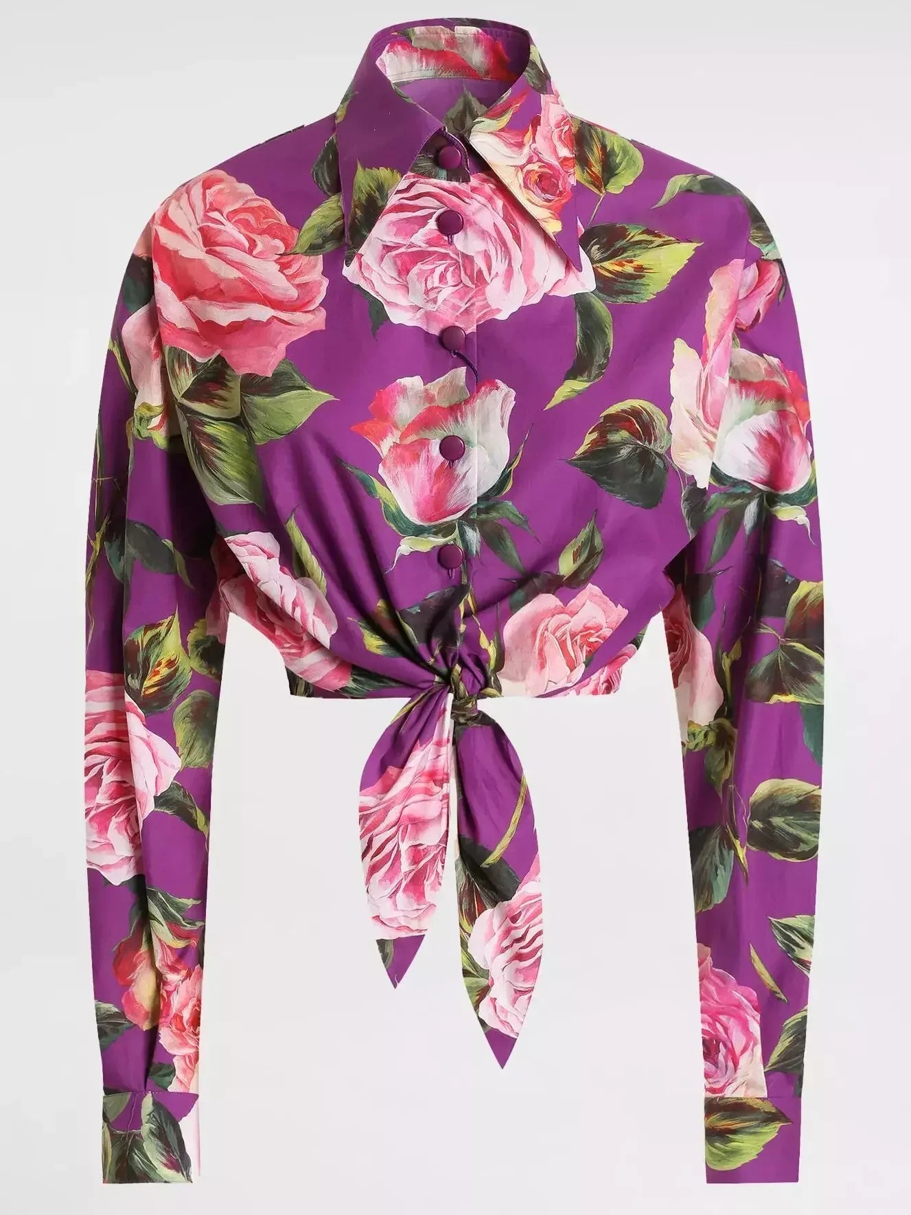 Rose Print Cropped Tie-Waist Shirt - S - Tops