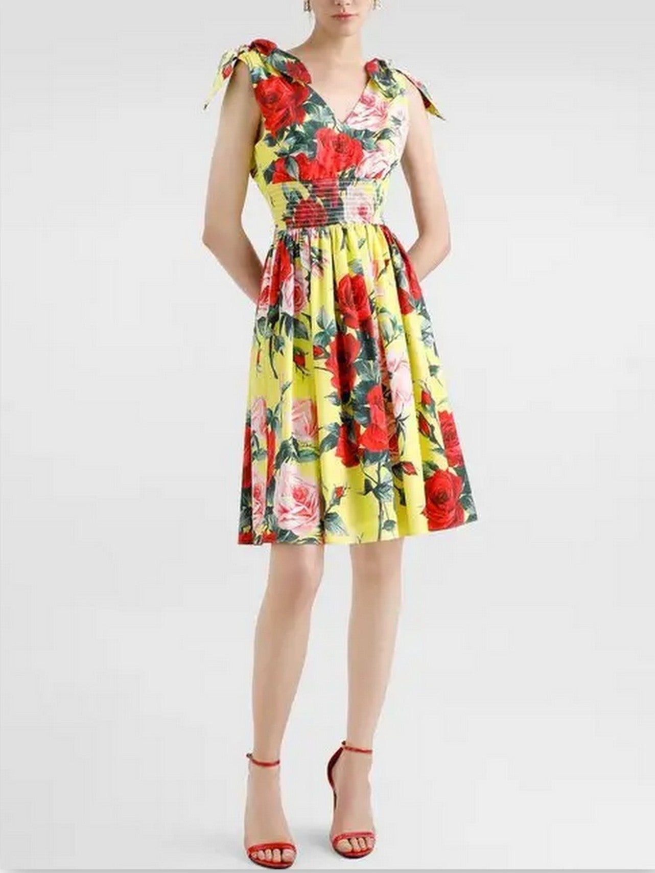 Rose Print V-Neck Dress with Shoulder Ties - Dresses