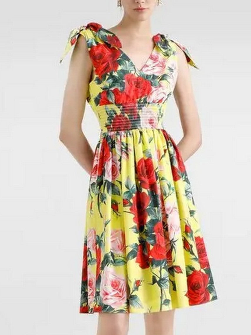 Rose Print V-Neck Dress with Shoulder Ties - Dresses