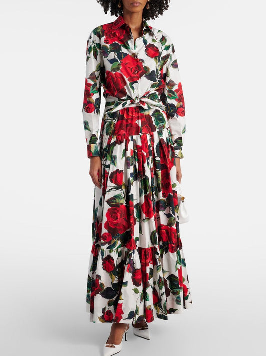 Rose Printed Cotton Tie-Waist Shirt and Skirt Set - Suits & Sets