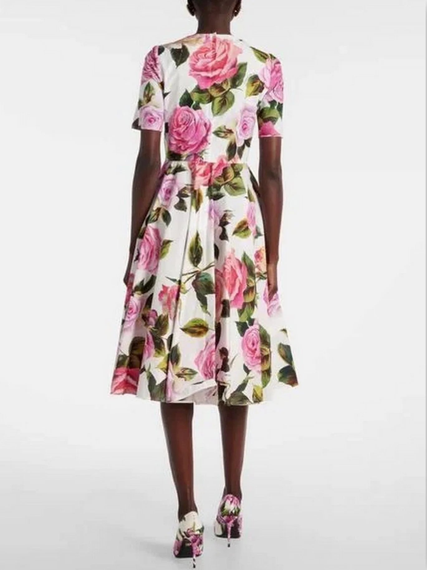 Rose-Printed Fit and Flare Midi Dress