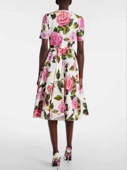 Rose-Printed Fit and Flare Midi Dress
