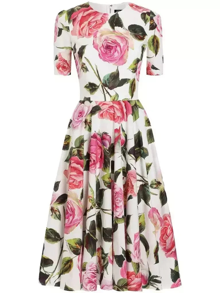 Rose-Printed Fit and Flare Midi Dress - S