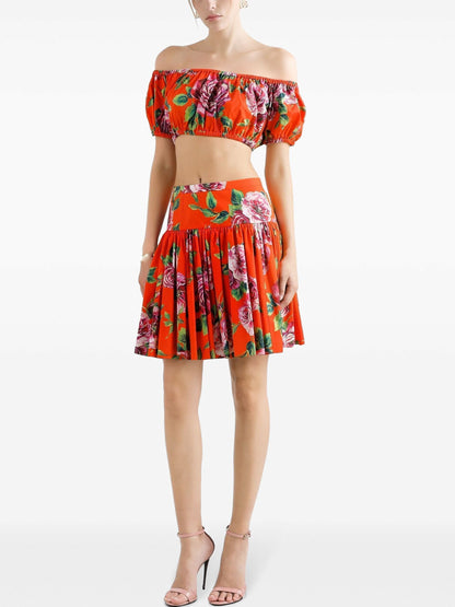 Orange floral off-the-shoulder crop top from Branna Couture skirt set for high end women’s fashion