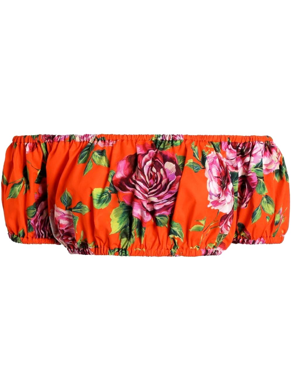 Orange floral off-the-shoulder crop top from Branna Couture Roses-Print Skirt Set