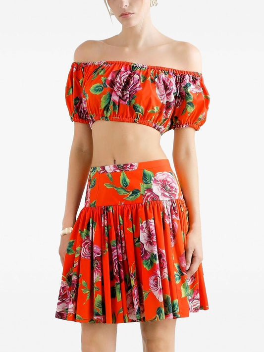 Roses-Print Off Shoulder Top and Skirt Set in Red by Branna Couture for luxury women’s apparel
