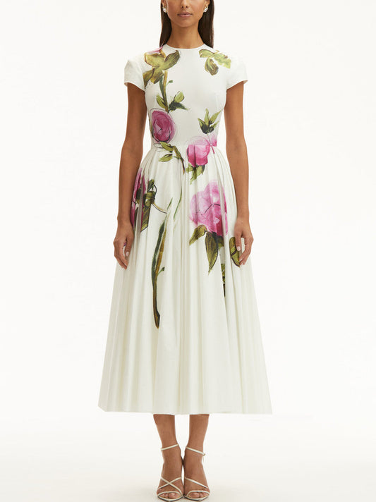 Roses Printed White Midi Dress featuring a vibrant floral pattern for stylish occasions