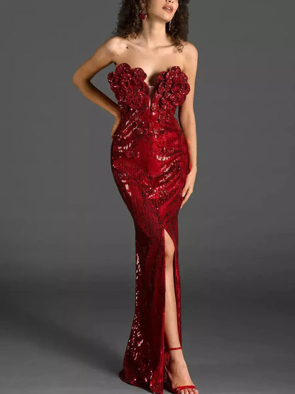 Rosette-Appliques Sequin-Embellished Red Ankle-Length Gown - Dresses