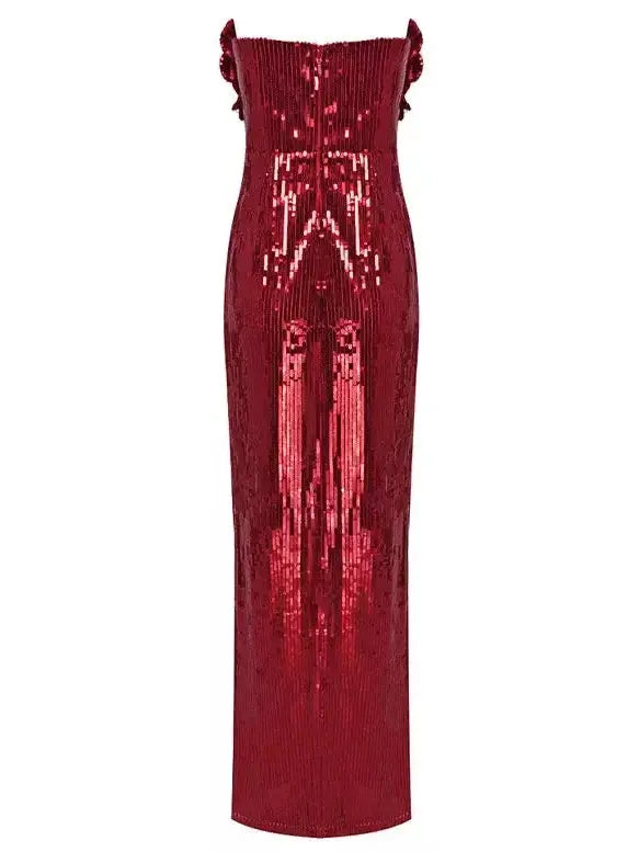 Rosette-Appliques Sequin-Embellished Red Ankle-Length Gown - Dresses