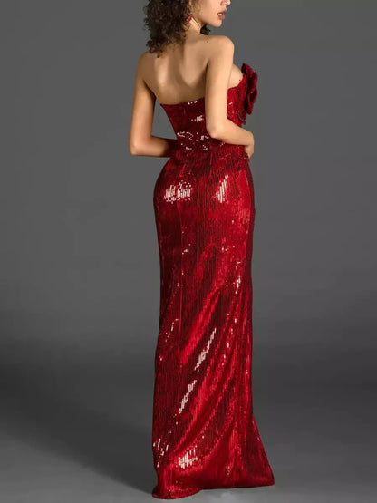 Rosette-Appliques Sequin-Embellished Red Ankle-Length Gown - Dresses