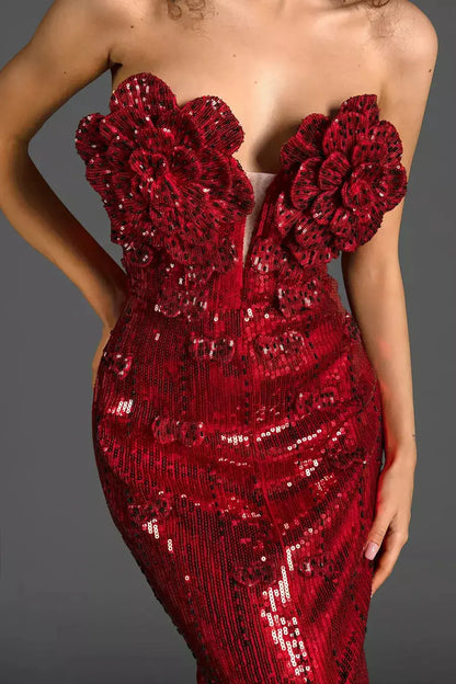 Rosette-Appliques Sequin-Embellished Red Ankle-Length Gown - Dresses