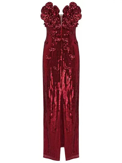 Rosette-Appliques Sequin-Embellished Red Ankle-Length Gown - small - Dresses