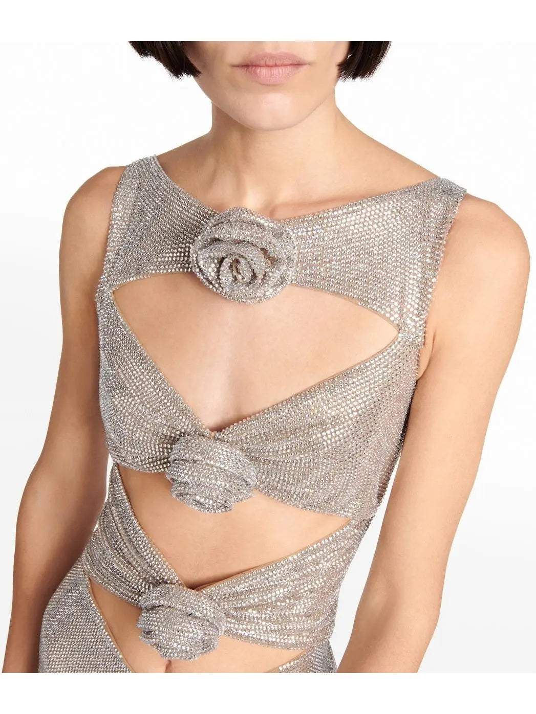 Rosette-Detail Cut-Out Embellished Mini Dress Silver - Dresses