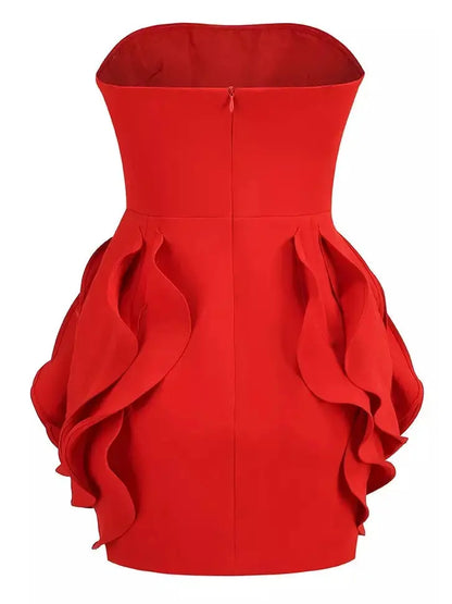 Rosette Detail Strapless Red Cocktail Dress - Dresses