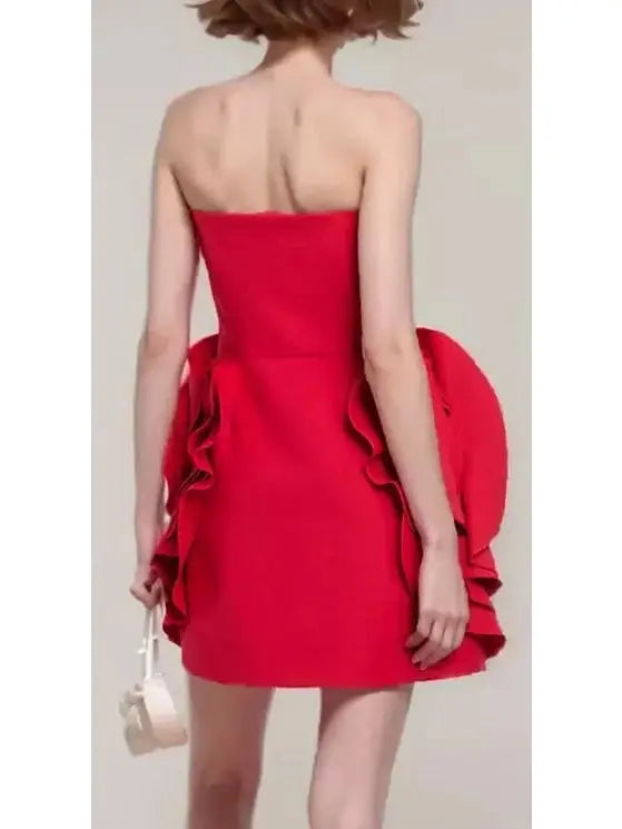 Rosette Detail Strapless Red Cocktail Dress - Dresses