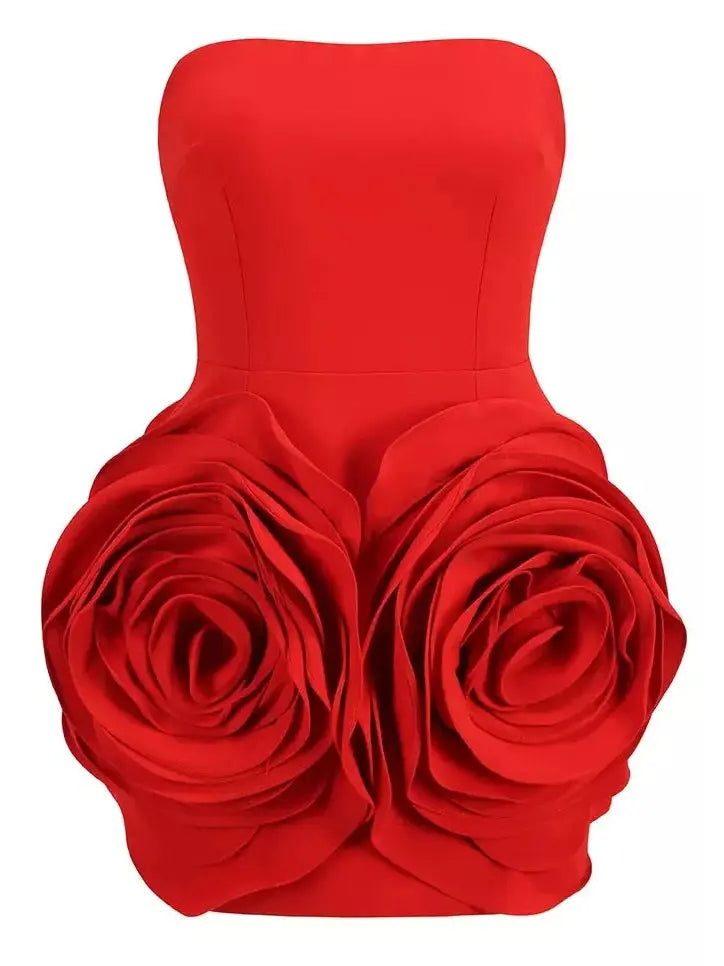 Rosette Detail Strapless Red Cocktail Dress - Dresses