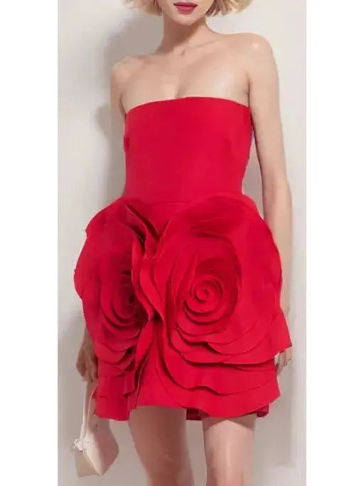 Rosette Detail Strapless Red Cocktail Dress - Dresses