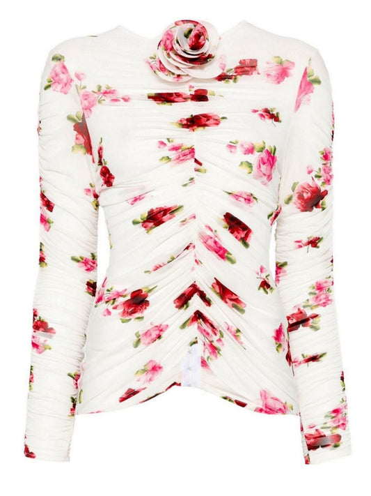 Ruched Floral Print Stretch Top with Rose Applique and floral-patterned long sleeves