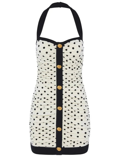 Ruched Polka-Dot Crepe Mini Dress - small - Dresses