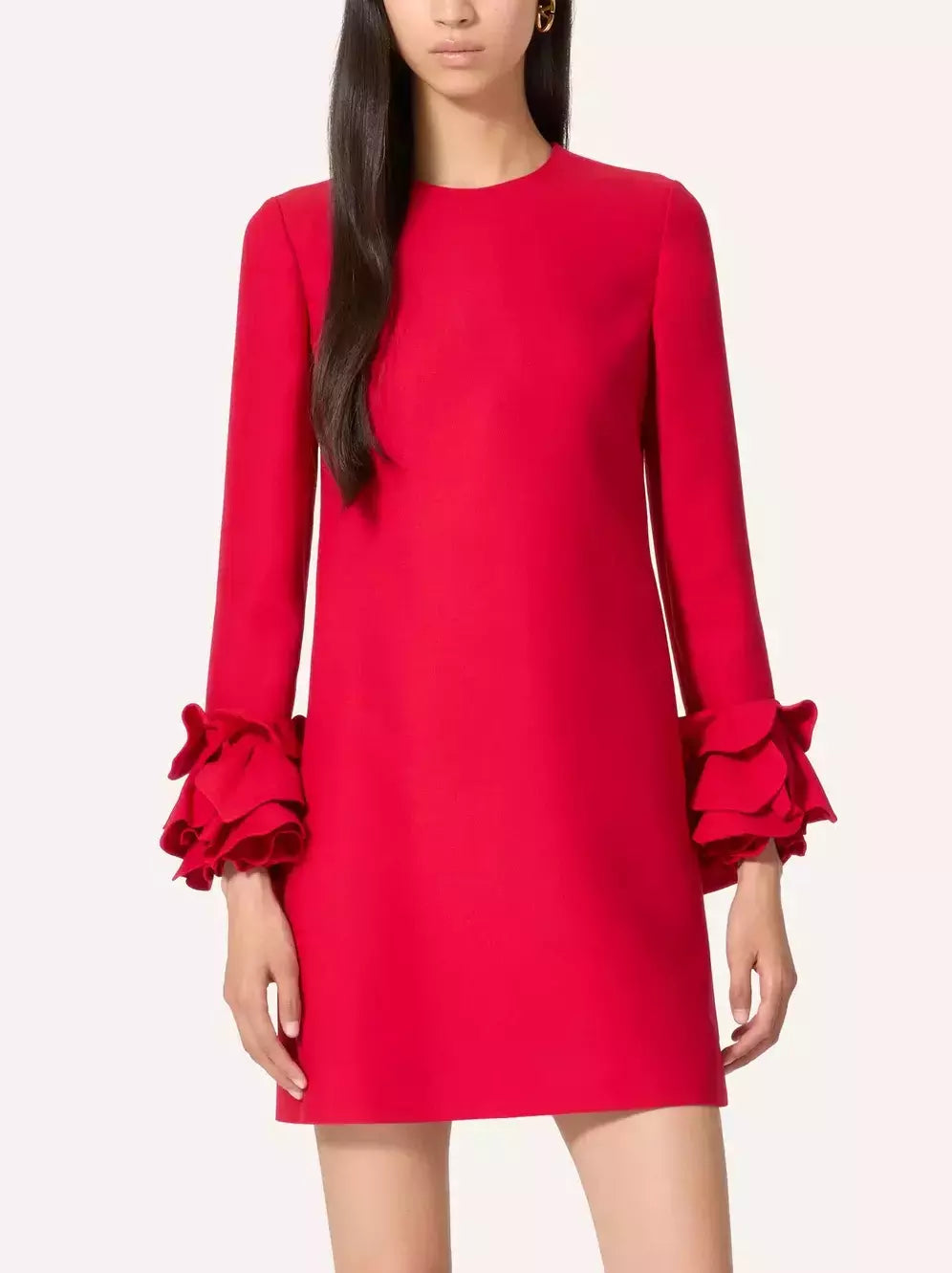 Ruffle-Cuff Shift Mini Dress in Red - Dresses