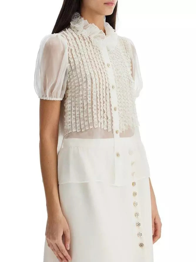White sheer Ruffle Silk Organza Short Sleeve Blouse with ruffled collar detail