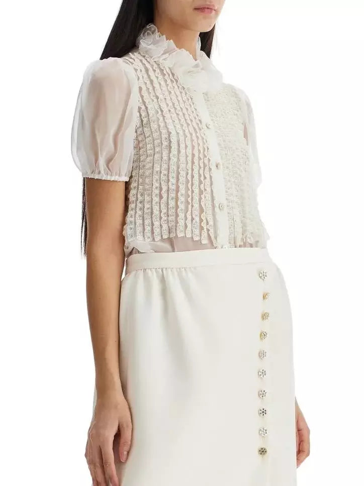 White sheer Ruffle Silk Organza Short Sleeve Blouse with ruffled collar detail