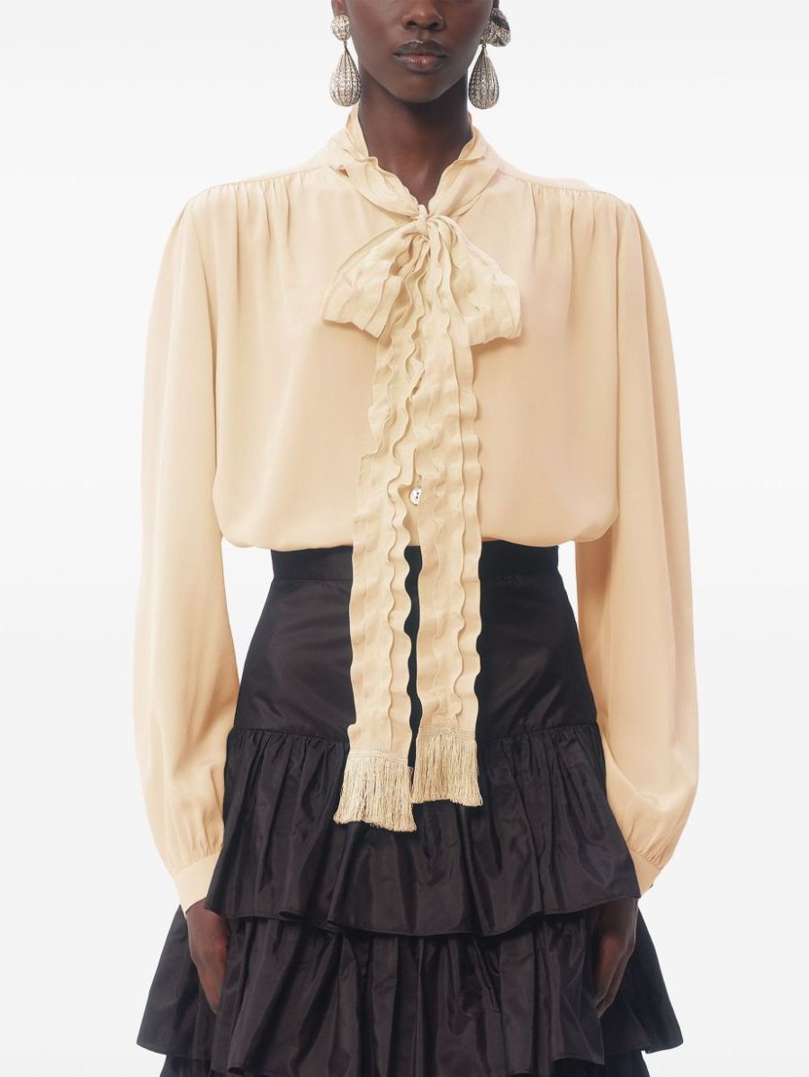 Ruffle-Tie-Neck-Fringe Crêpe de Chine Shirt - Tops