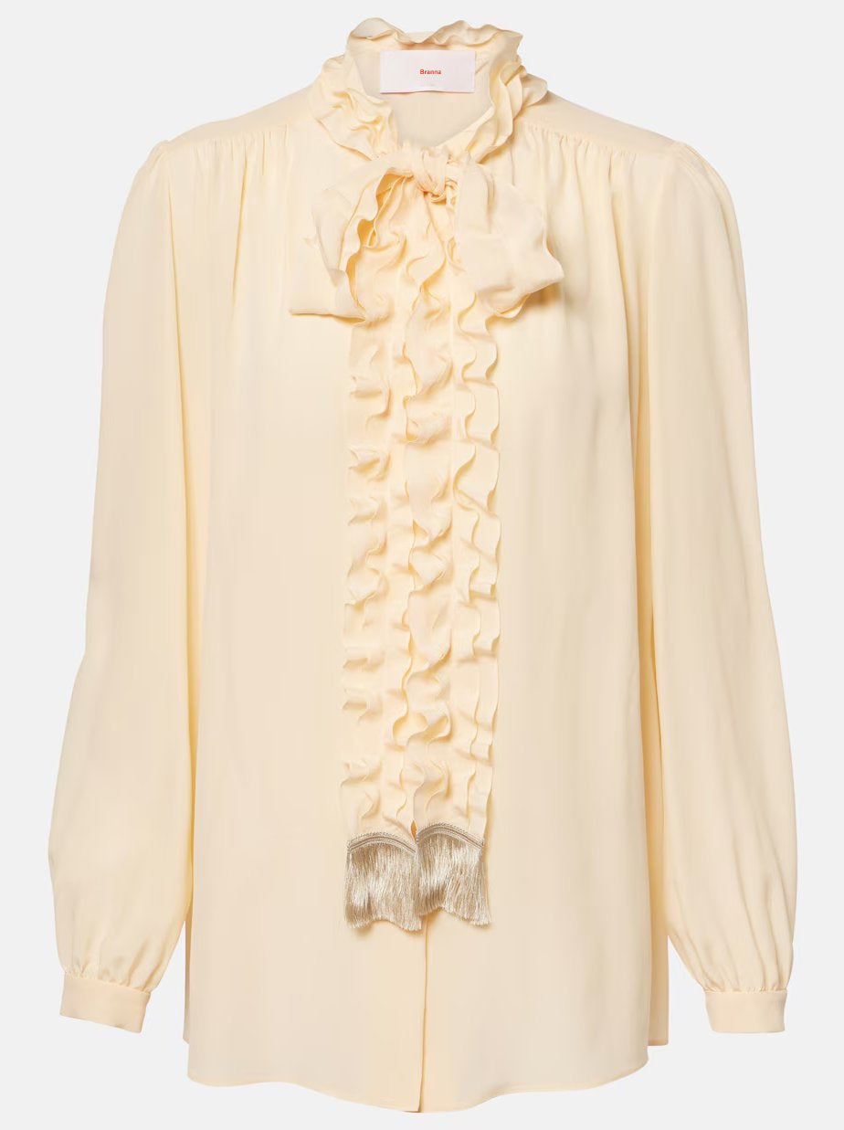 Ruffle-Tie-Neck-Fringe Crêpe de Chine Shirt - Tops