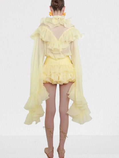 Ruffle Tiered Blouse and Skirt Set in Pale Yellow - Suits & Sets