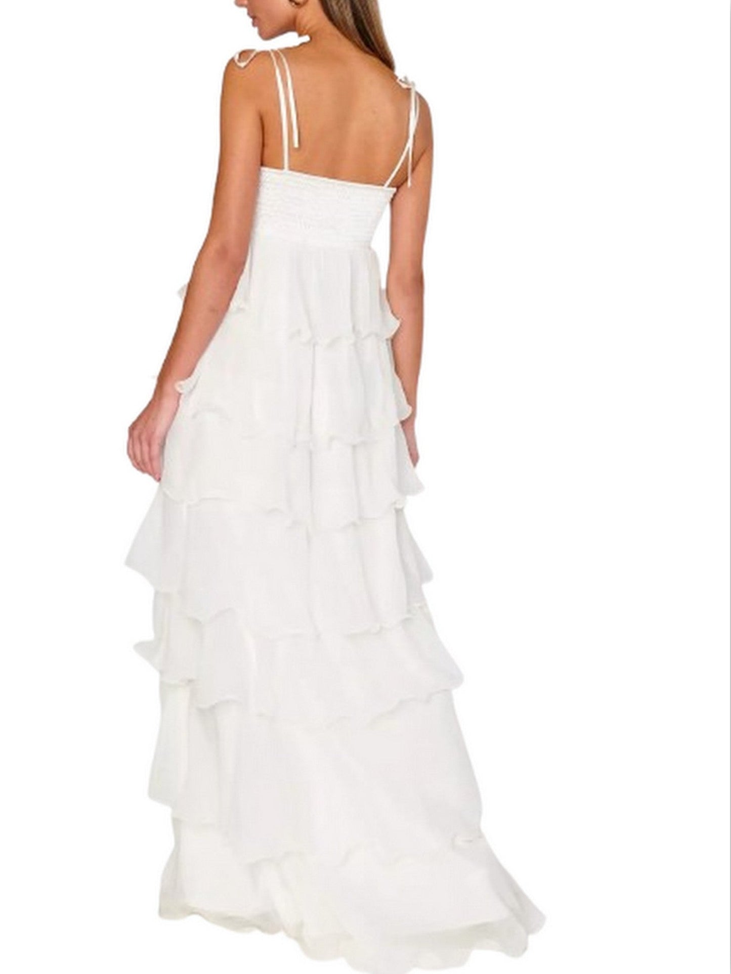 Ruffle Tiered Floral-Applique Strapless White Gown - Dresses