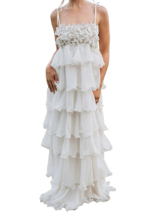 Ruffle Tiered Floral-Applique Strapless White Gown - M - Dresses