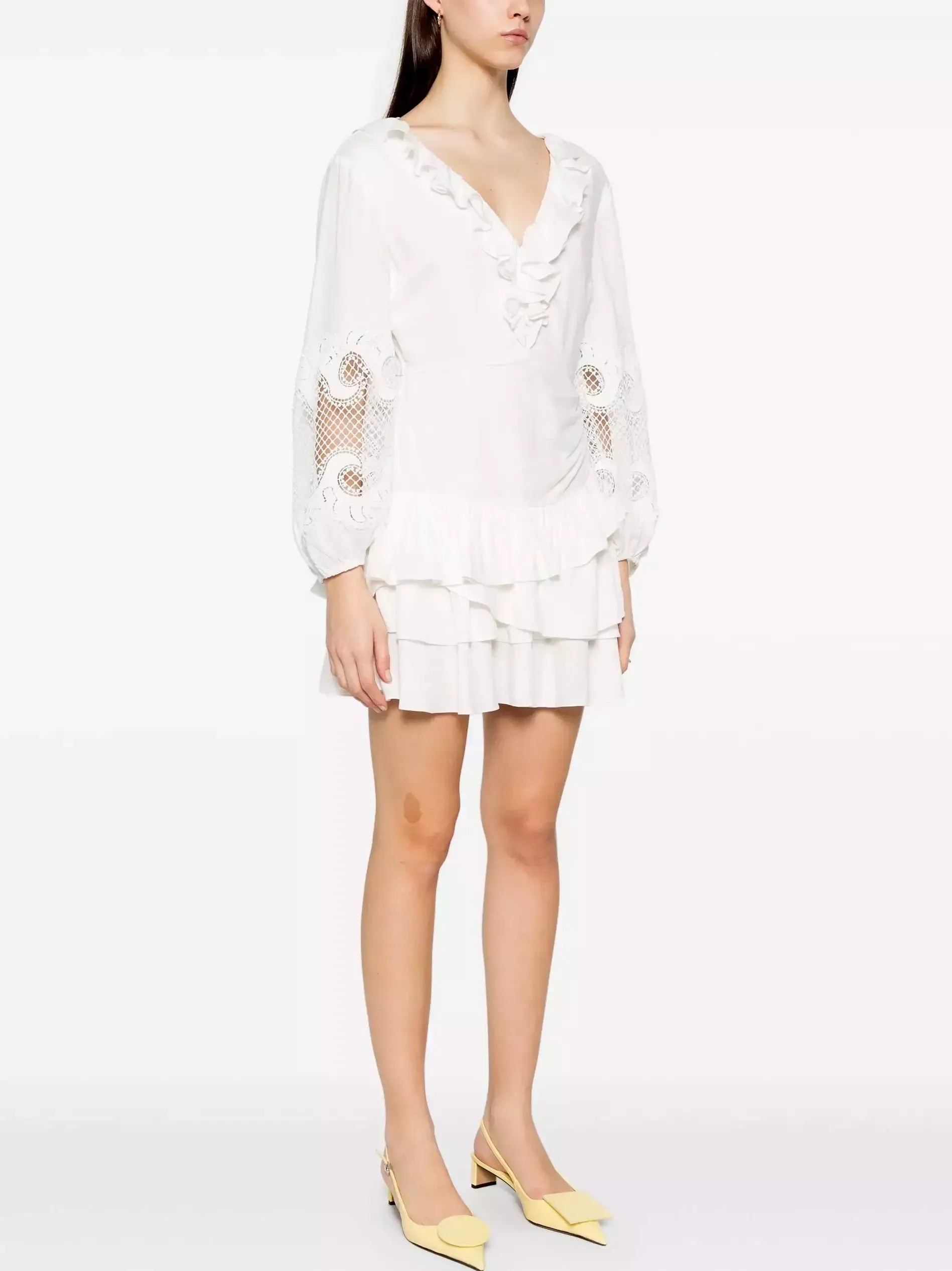 Ruffled Embroidered White Mini Dress - Dresses