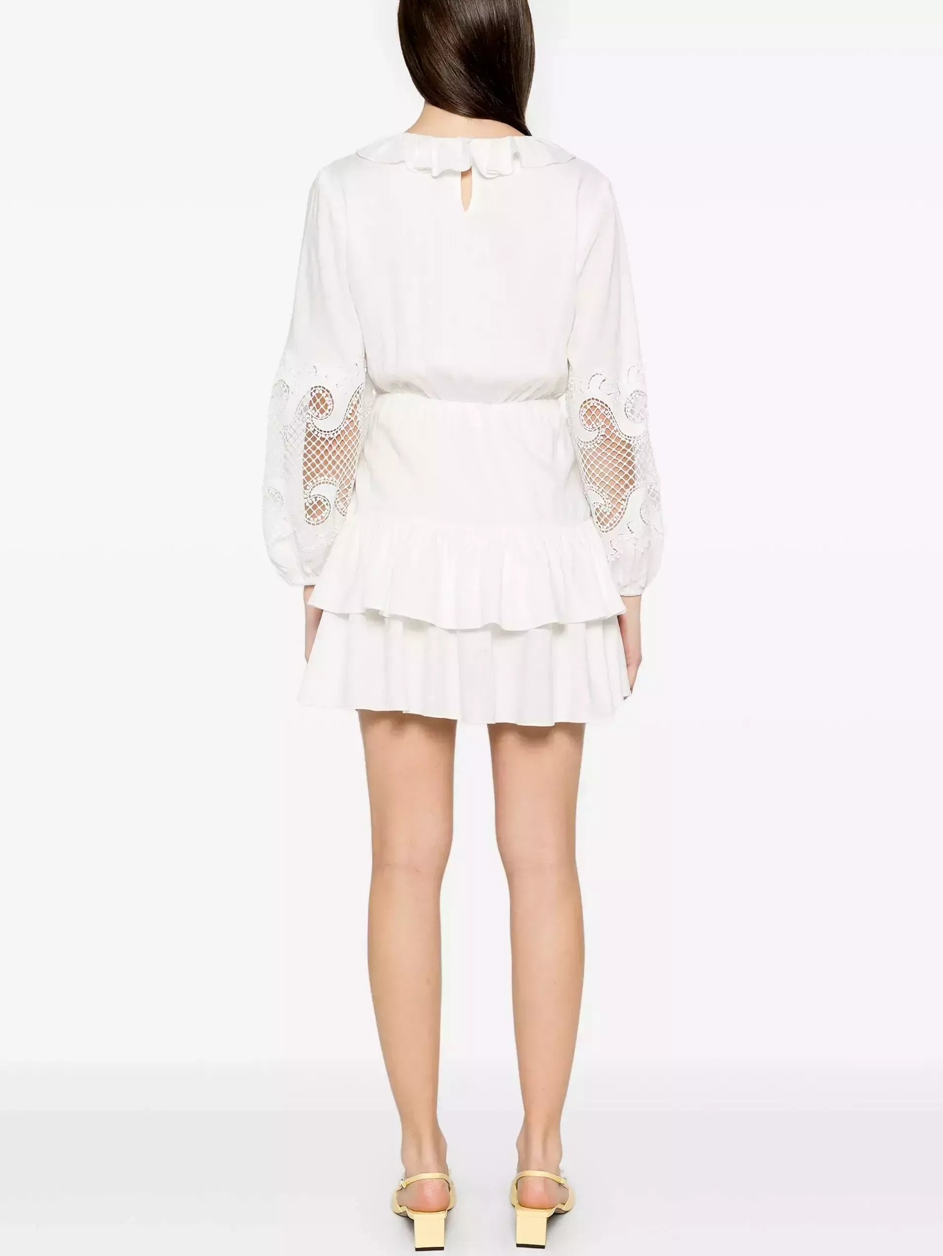 Ruffled Embroidered White Mini Dress - Dresses
