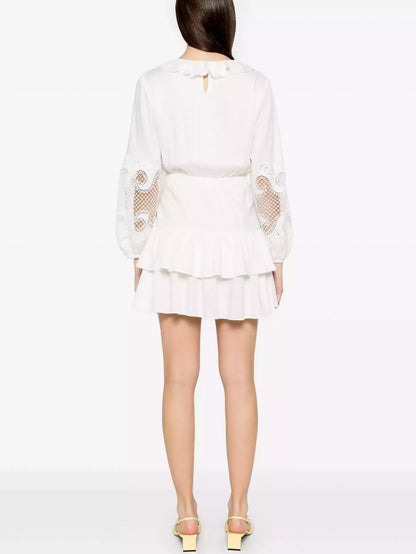 Ruffled Embroidered White Mini Dress - Dresses
