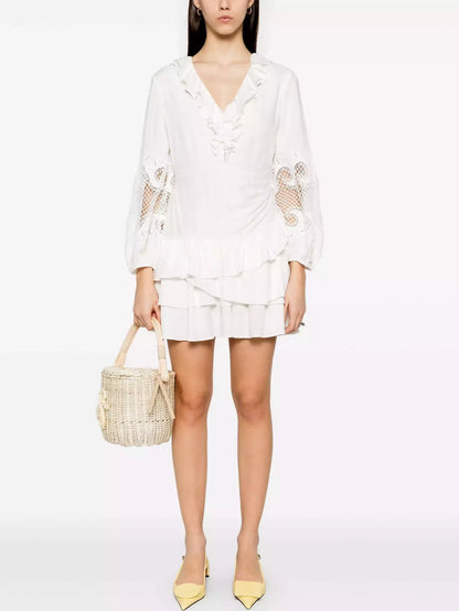 Ruffled Embroidered White Mini Dress - Dresses