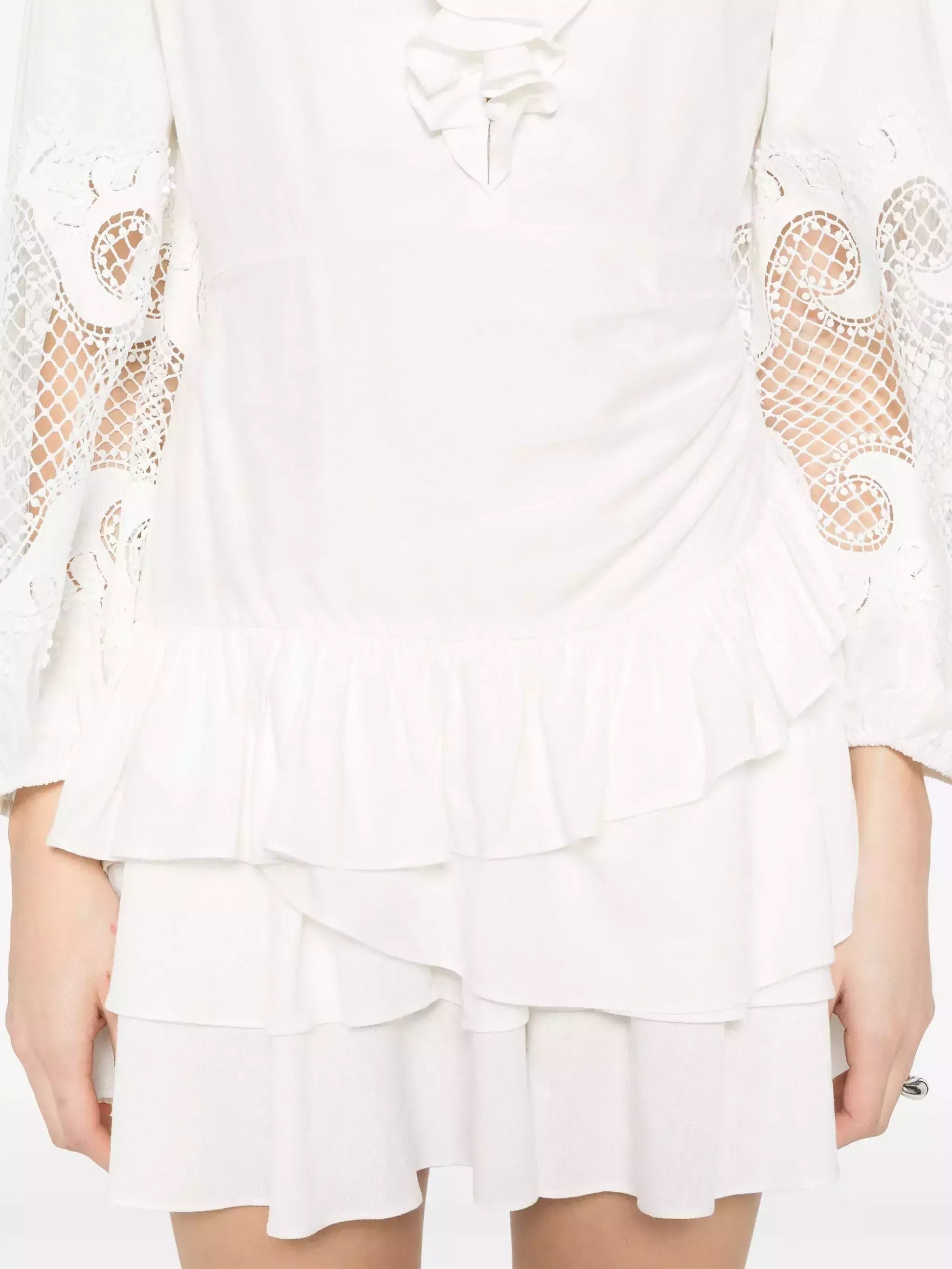 Ruffled Embroidered White Mini Dress - Dresses