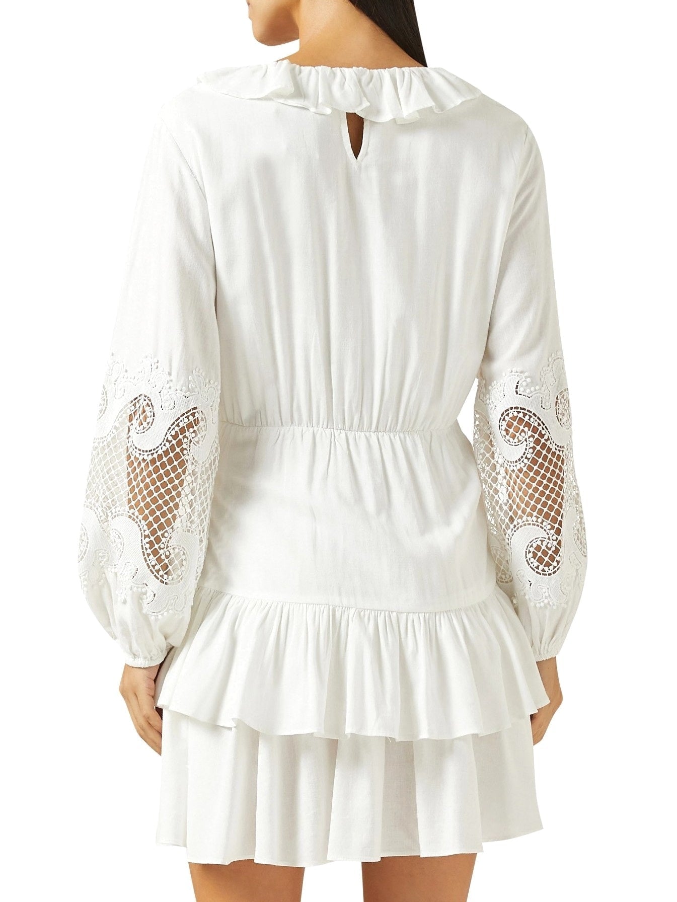Ruffled Embroidered White Mini Dress - Dresses