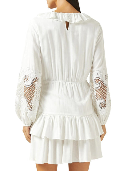 Ruffled Embroidered White Mini Dress - Dresses