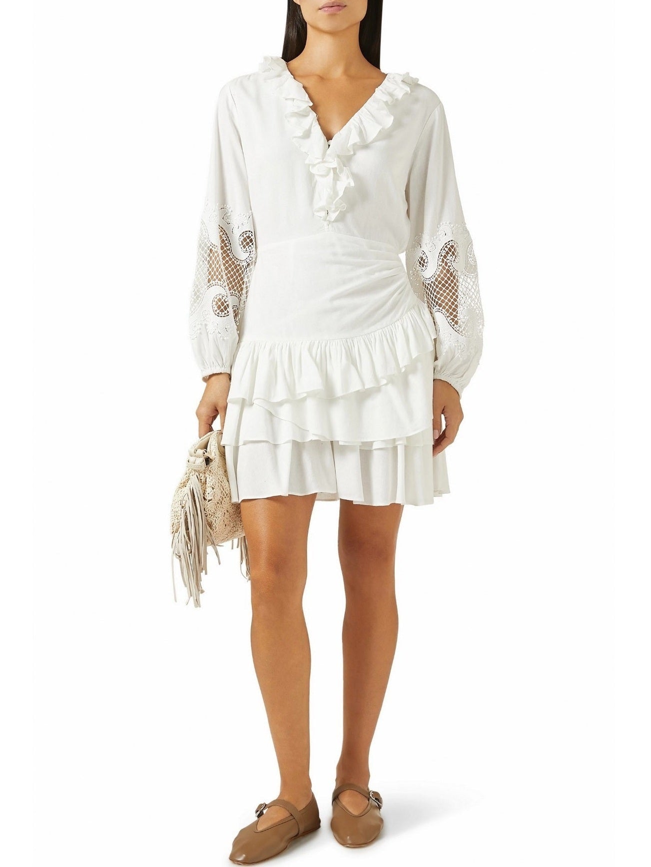 Ruffled Embroidered White Mini Dress - Dresses