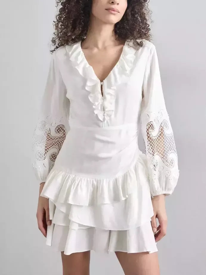 Ruffled Embroidered White Mini Dress - Dresses