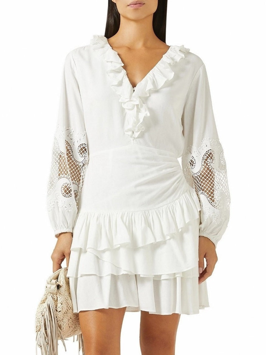 Ruffled Embroidered White Mini Dress - Dresses