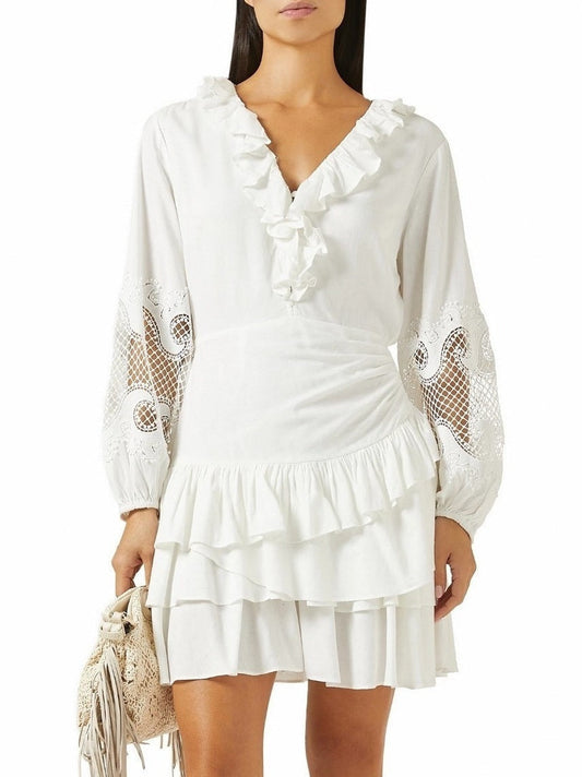 Ruffled Embroidered White Mini Dress - Dresses